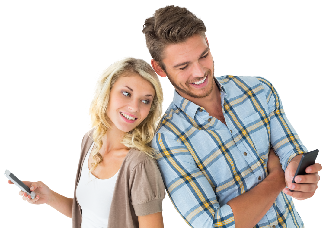 Smiling Couple Interacting with Smartphones Isolated on Transparent Background - Download Free Stock Images Pikwizard.com