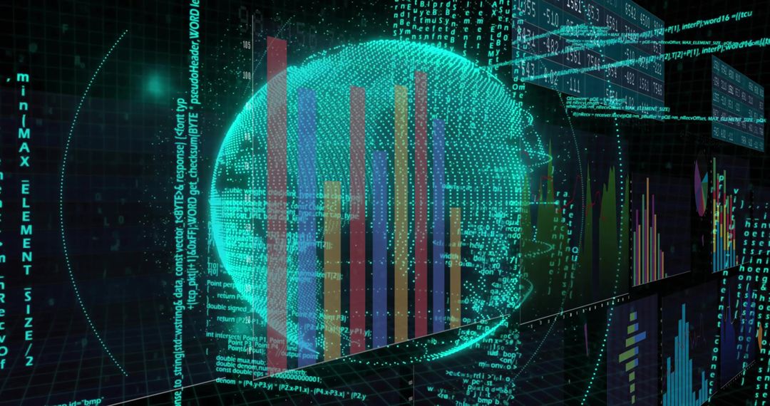 Futuristic 3D Globe with Bar Charts in Digital Grid Space