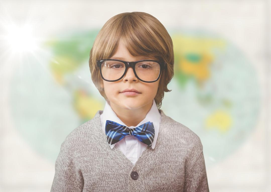Young Boy in Glasses with Bow Tie Against Blurry World Map Background - Free Images, Stock Photos and Pictures on Pikwizard.com