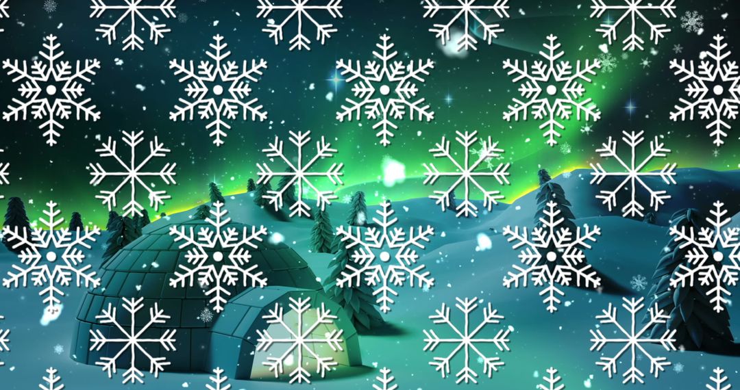 Snow Falling over an Igloo Under Northern Lights