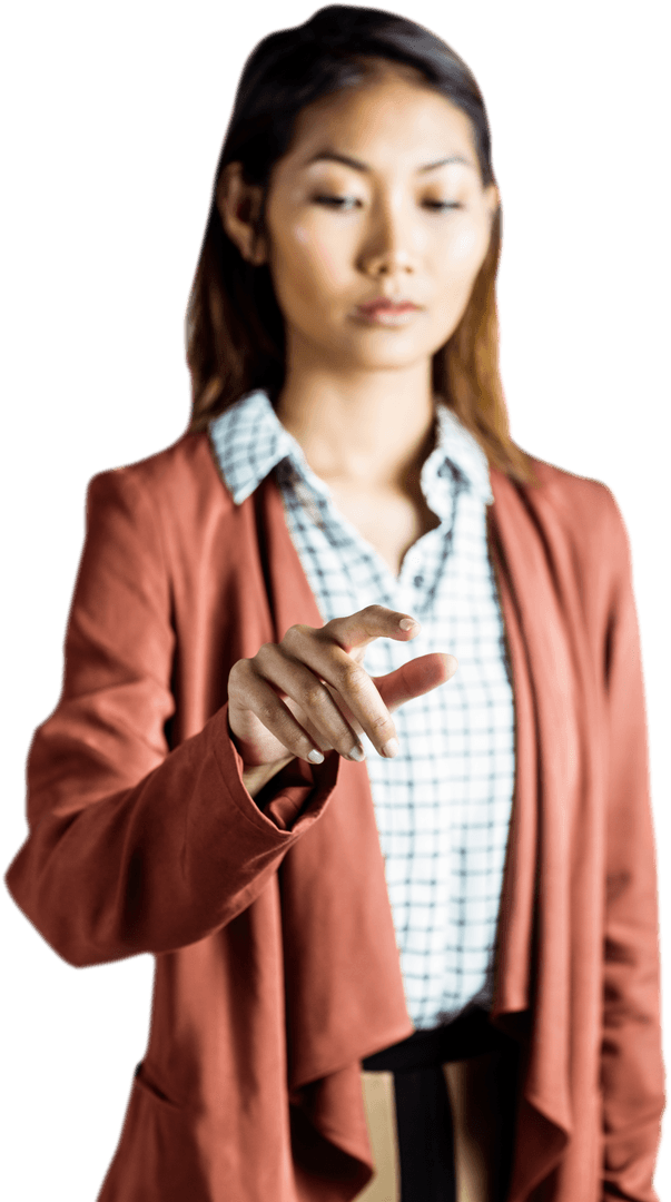 Transparent Asian Woman Engaging Virtual Interface Concept