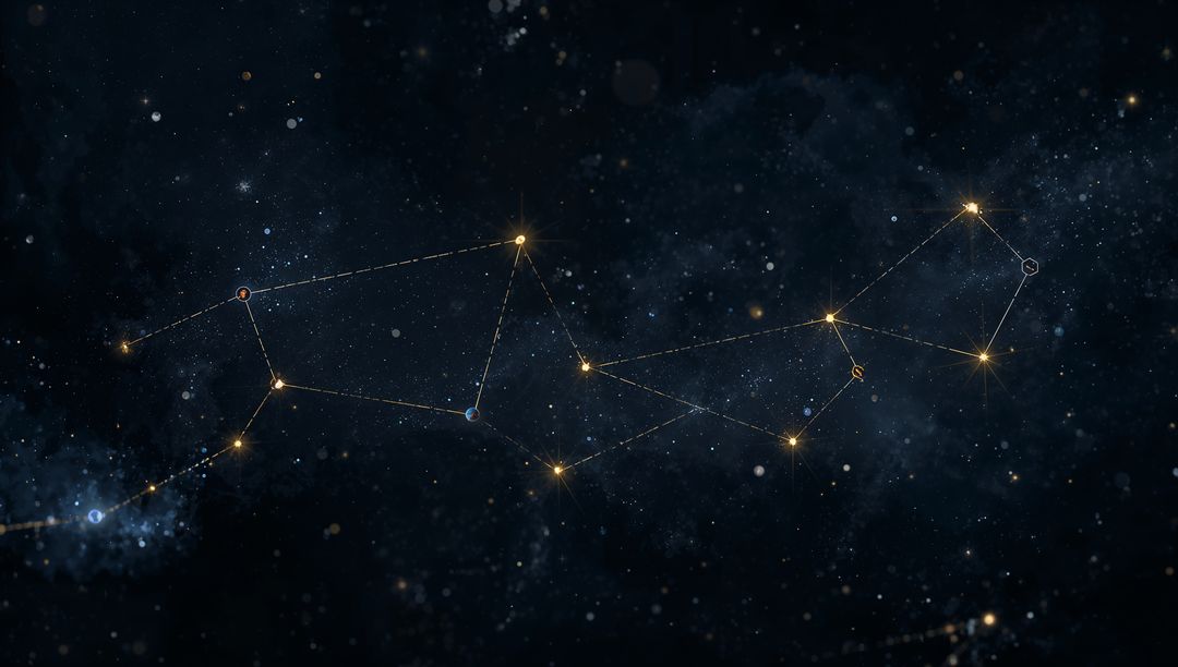 Golden stars linking across deep blue cosmos with nebula highlights and markers