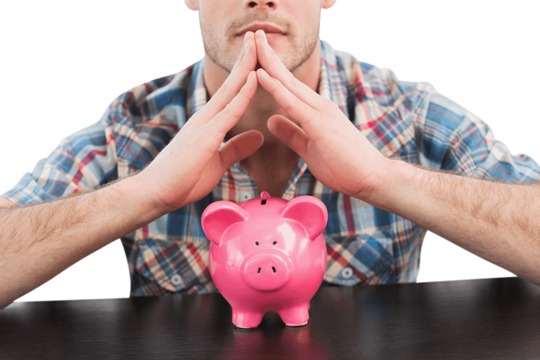 Contemplating Financial Future with Transparent Piggy Bank