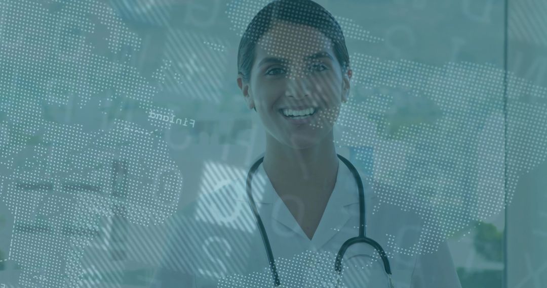 Smiling Doctor Posing at Technological Interface with Digital Map Overlay