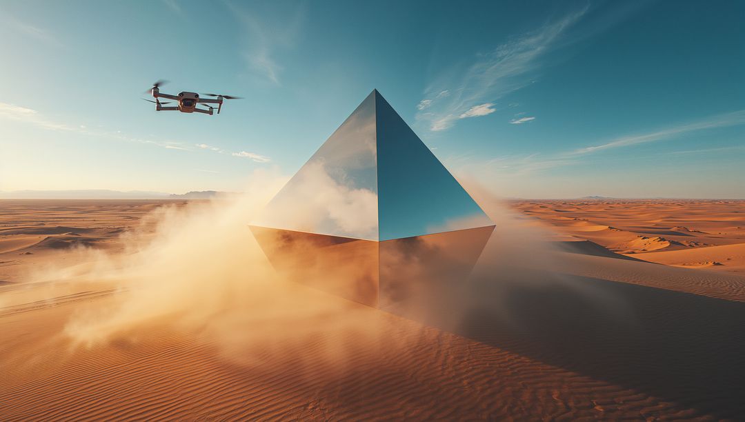 Mirrored pyramid reflecting sky over sand dunes with hovering drone and swirling dust