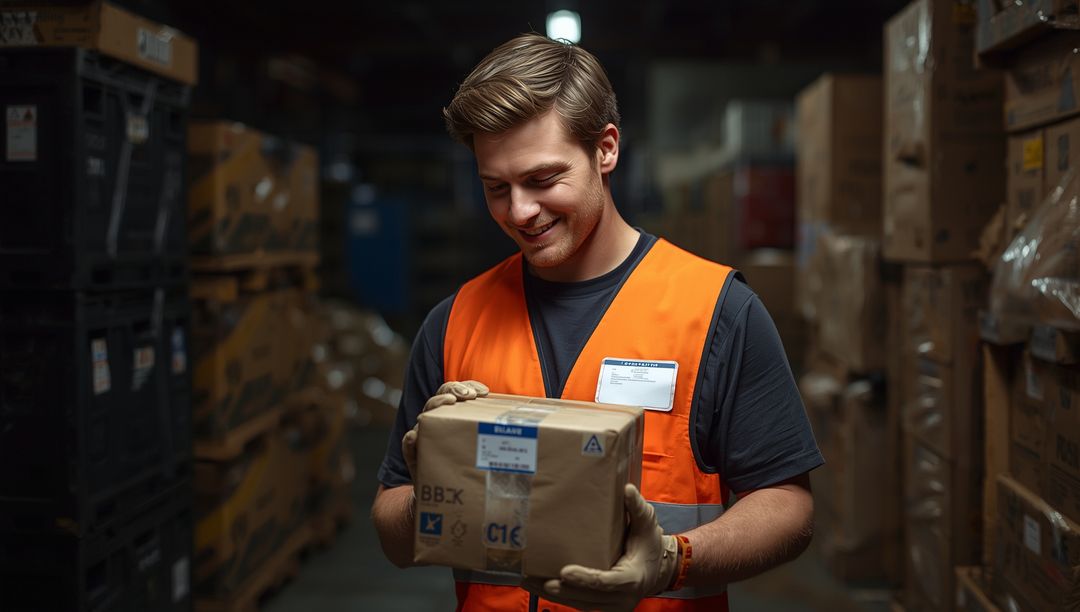 Inspecting Warehouse Worker Holding Box in Aisle