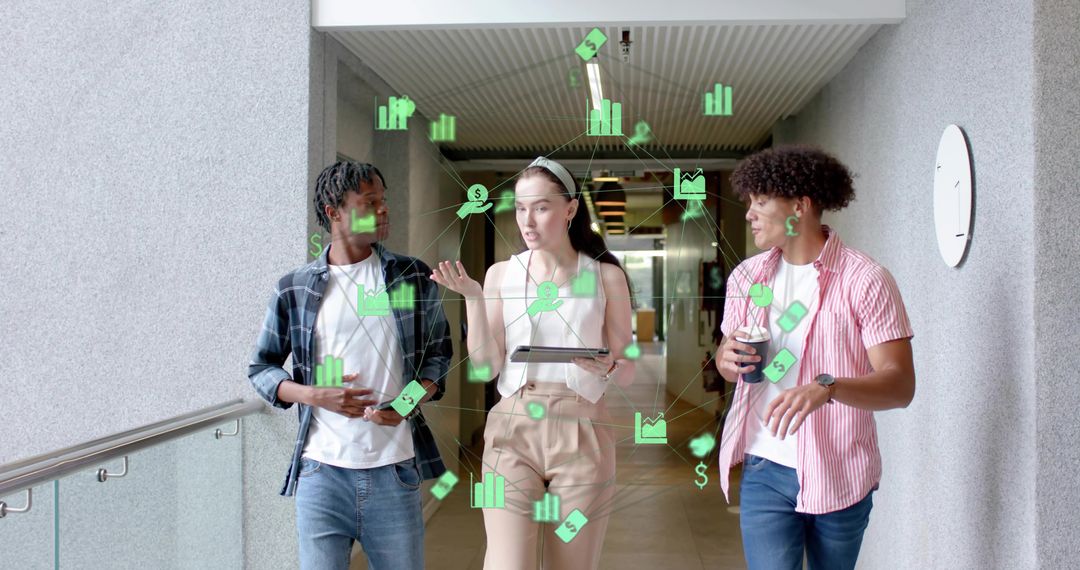 Young professionals walking and discussing while using tablet with AR analytics overlay