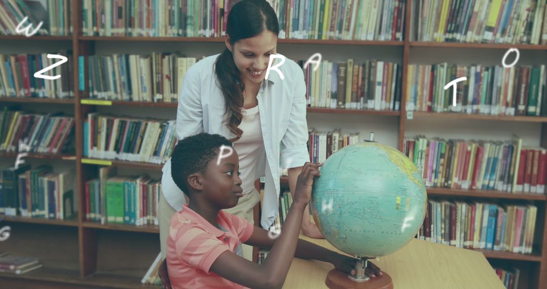 Teacher and Student Engaging with Globe in Library Setting