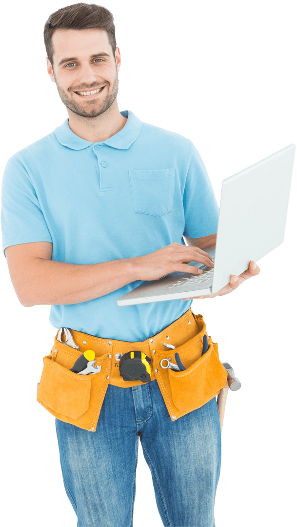 Transparent Background Smiling Carpenter Holding Laptop