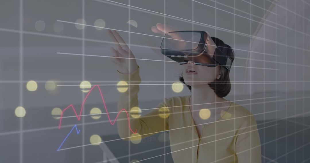 Woman Using VR Headset for Financial Data Analysis