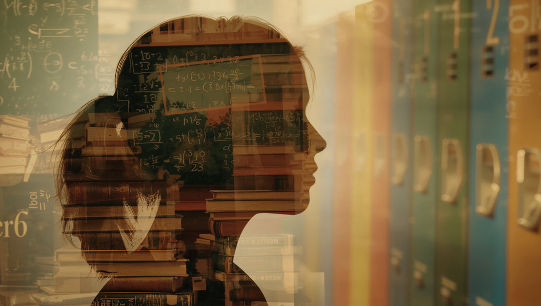 Female Silhouette Merges with Academic Elements Expressing Knowledge