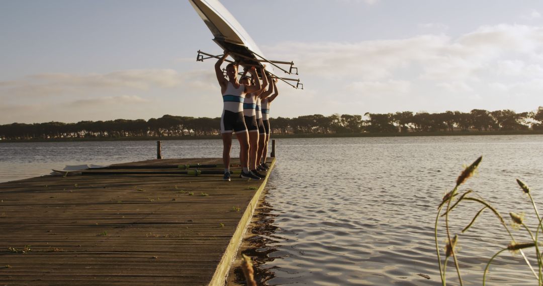 Crew Team Carrying Rowing Boat by Lake at Sunrise - Free Images, Stock Photos and Pictures on Pikwizard.com