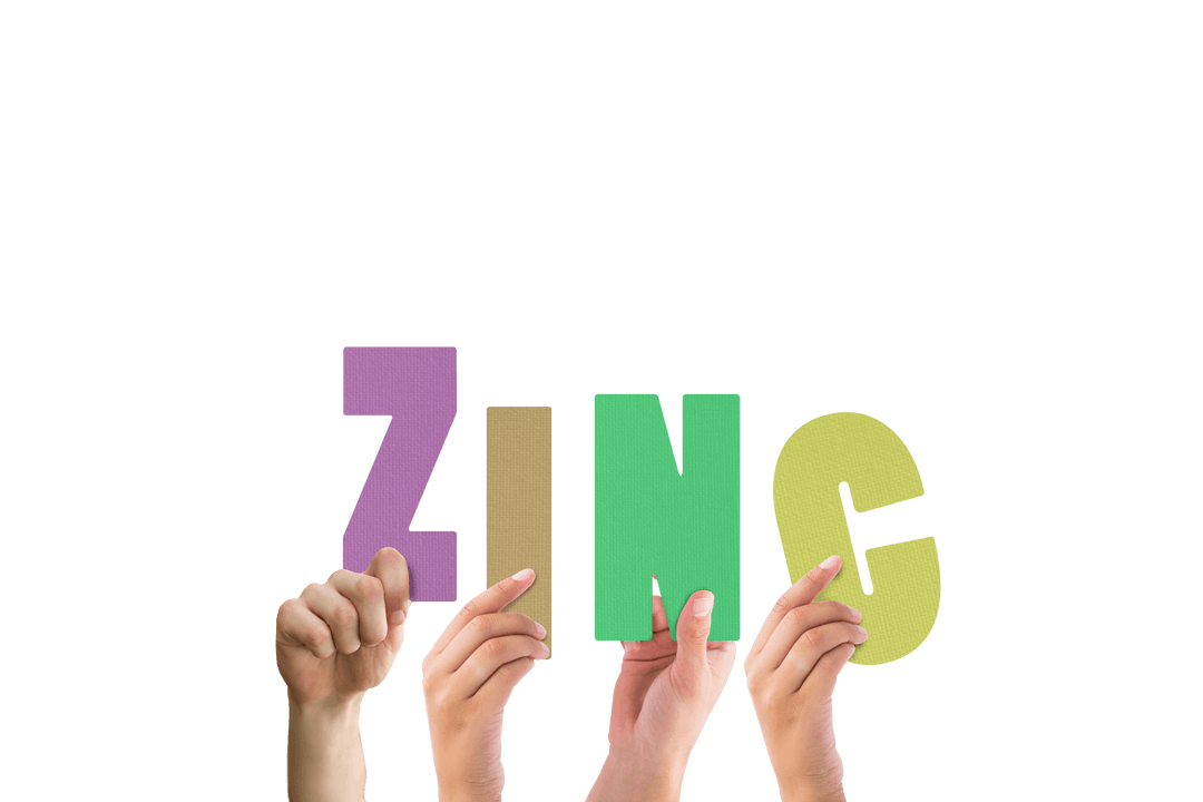 Hands Holding Colorful ZINC Letters Transparent Background