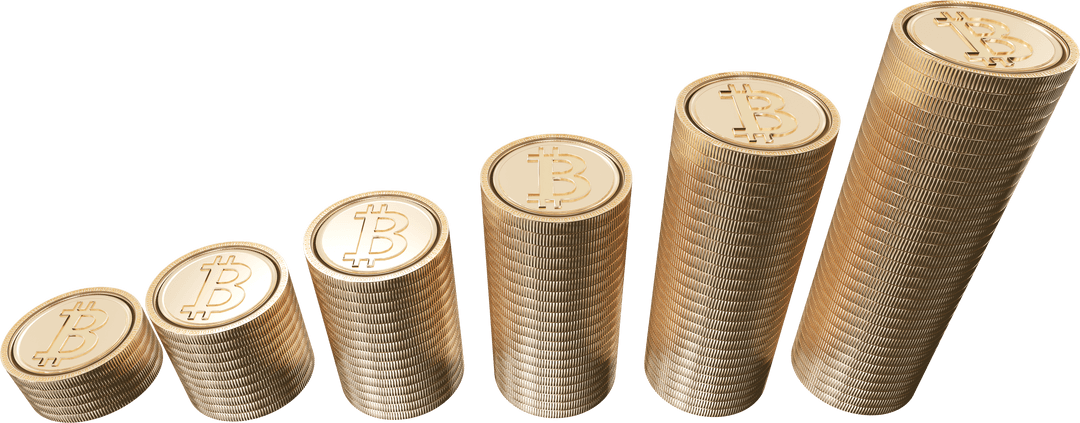 Stacks of bitcoin coins in increasing sizes on transparent backdrop