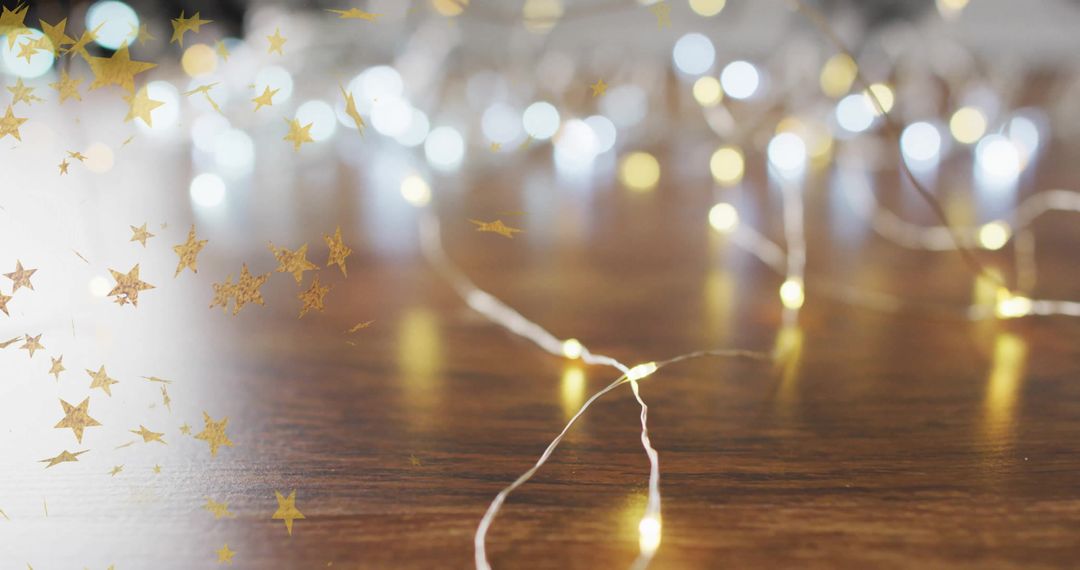 Sparkling String Lights with Golden Stars on Wooden Surface