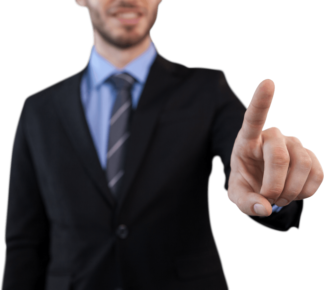 Businessman in Suit Pointing at Transparent Virtual Screen