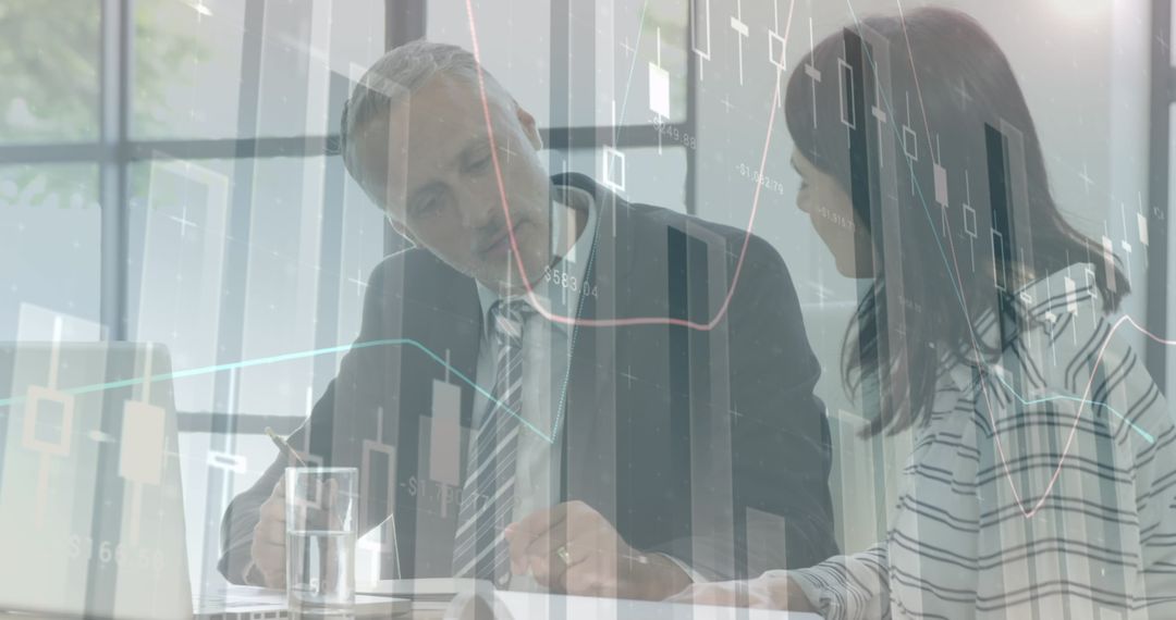 Financial Experts Analyzing Market Data with Digital Interface Overlay
