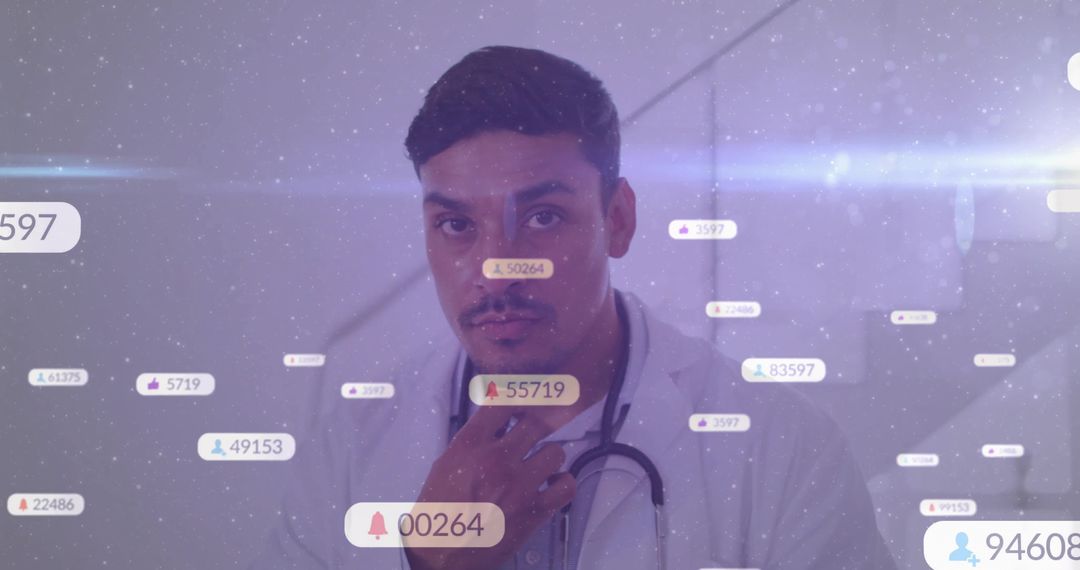 Hispanic Doctor Analyzing Digital Data with Futuristic Interface