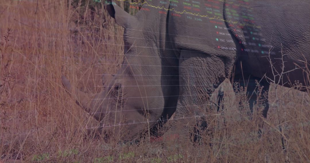 Rhinoceros Grazing in Dry Grassland with Overlay Data Chart