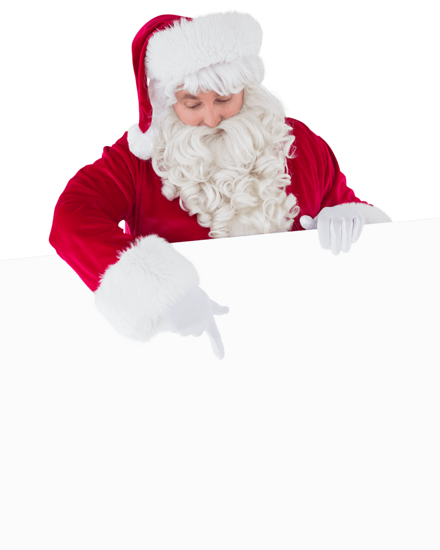 Transparent Santa Claus Holding and Pointing at Blank Sign