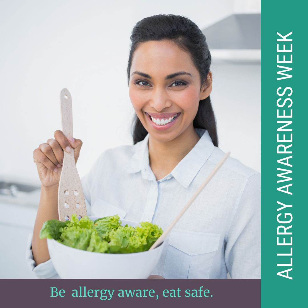 Smiling Woman Promoting Allergy Awareness Week with Salad