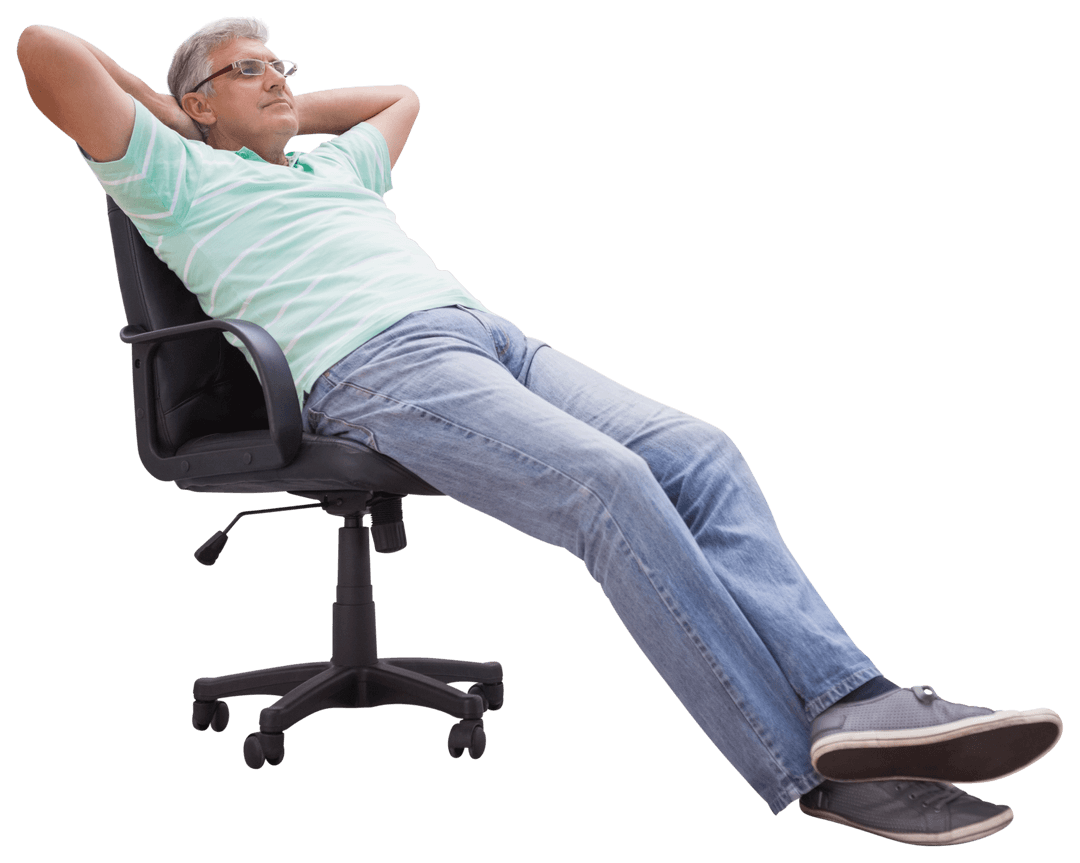 Senior Man Relaxing on Office Chair with Transparent Background