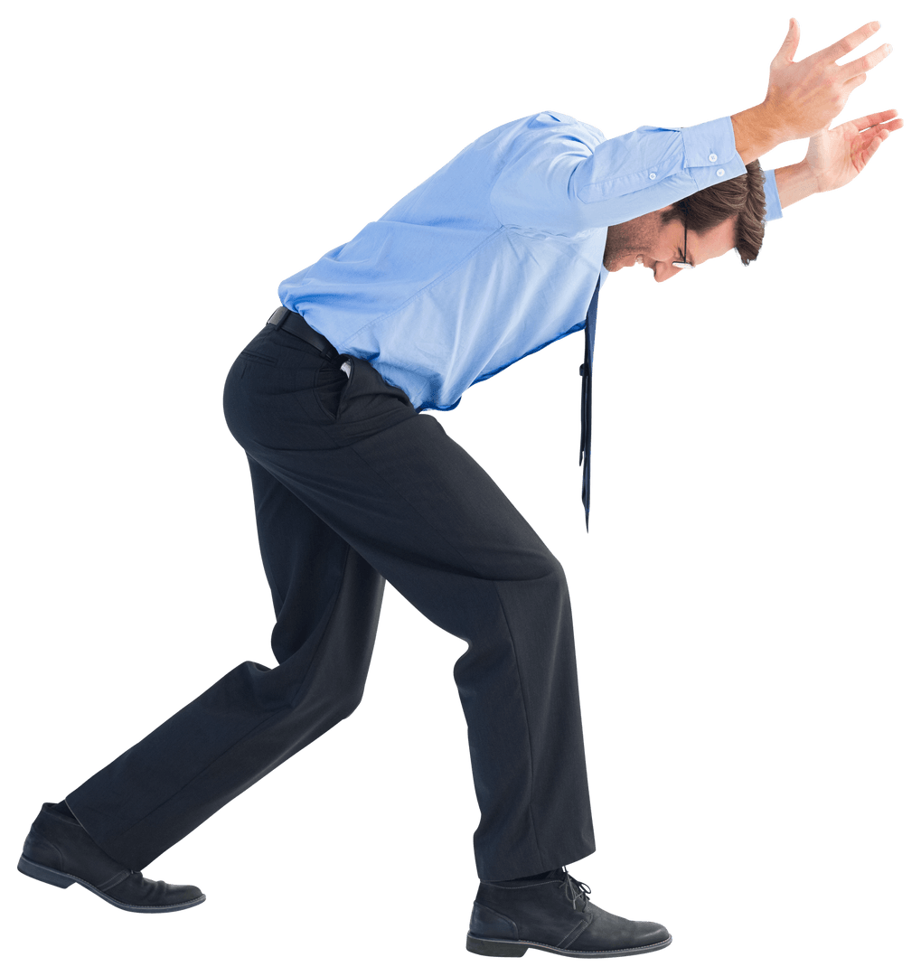 Transparent Businessman Pushing Upward in Effort Gesture