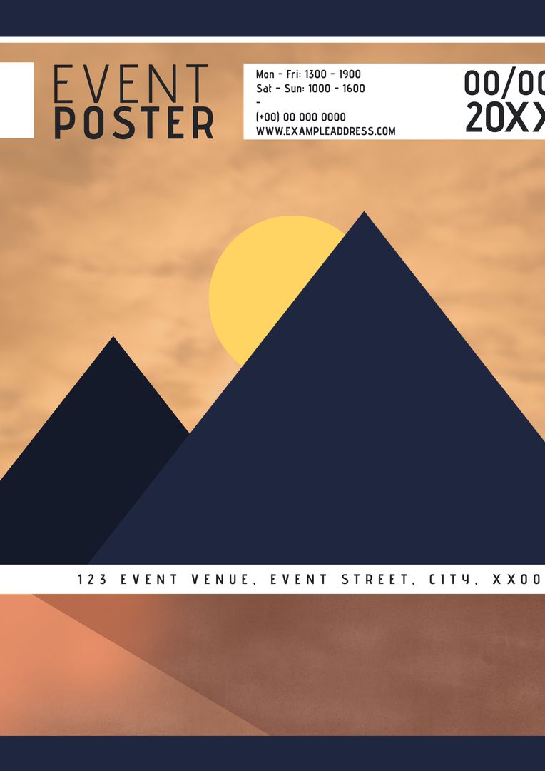 Minimalist Event Poster with Geometric Mountains and Warm Sunset