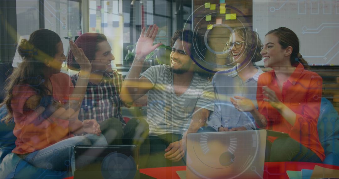 Diverse Team Collaborating in Tech Environment with Digital UI Overlay