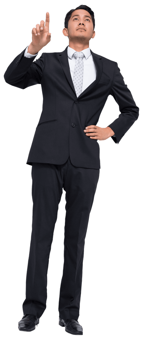Asian Businessman Pointing in Suit on Transparent Background