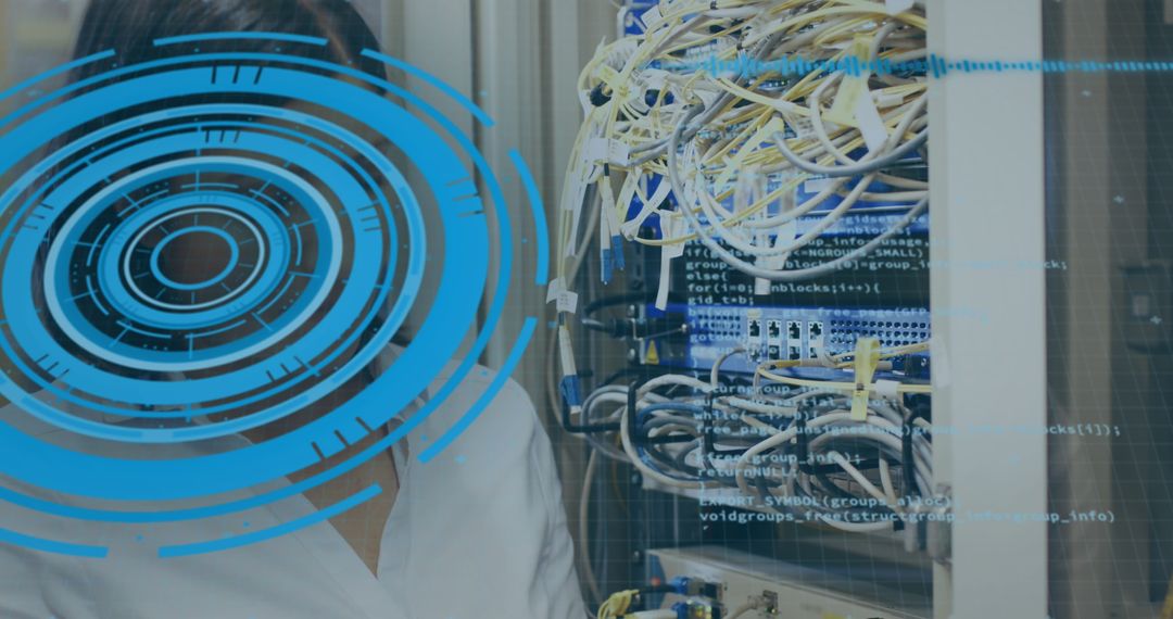 Digital Interface Overlay on Server Room Technician in Data Center