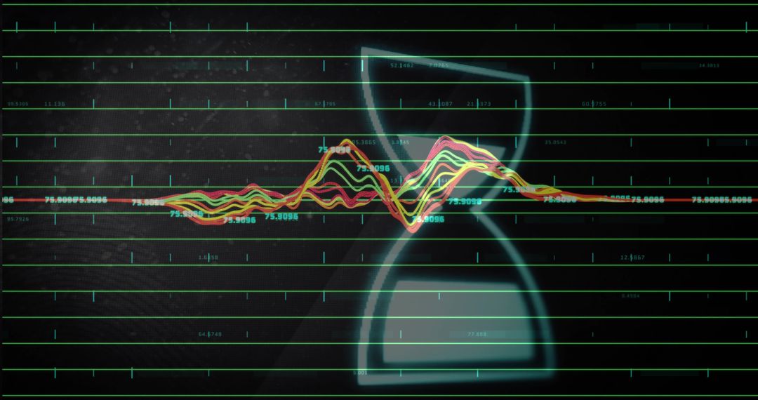 Neon waveform crossing glowing hourglass on dark grid dashboard for time analytics