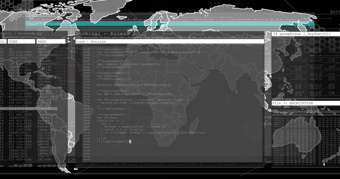 Global cybersecurity dashboard showing terminal code, encryption and world map overlay