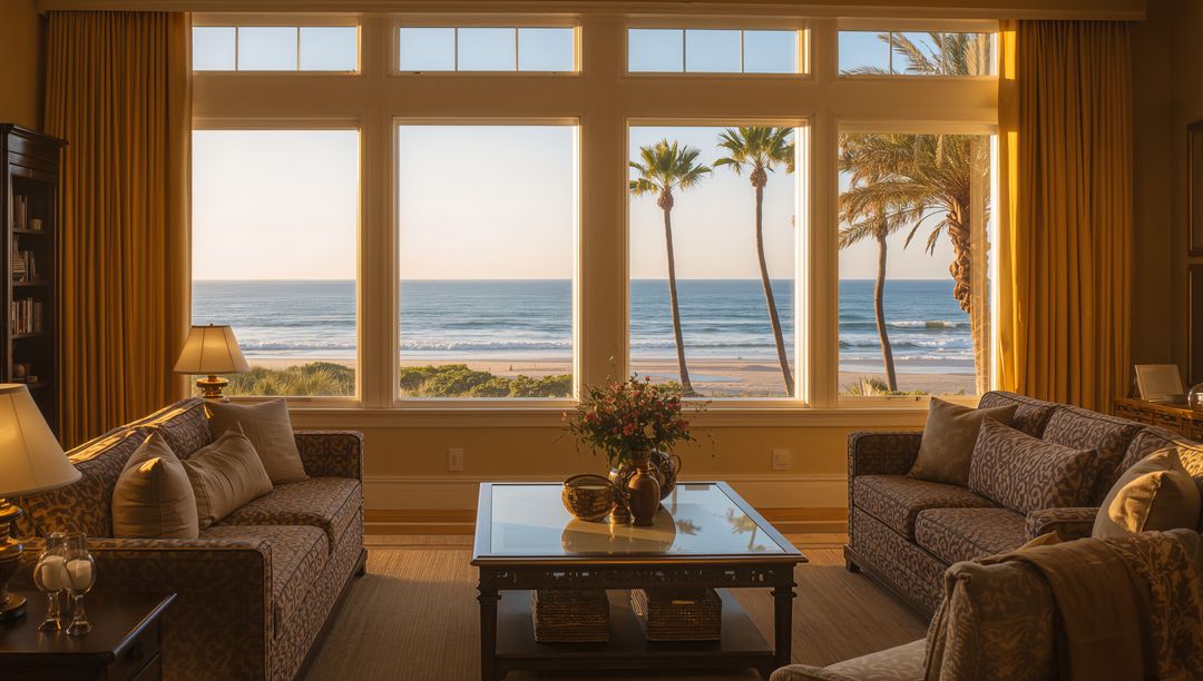 Sunlit Coastal Living Room with Panoramic Ocean View and Palm Trees through Bay Window