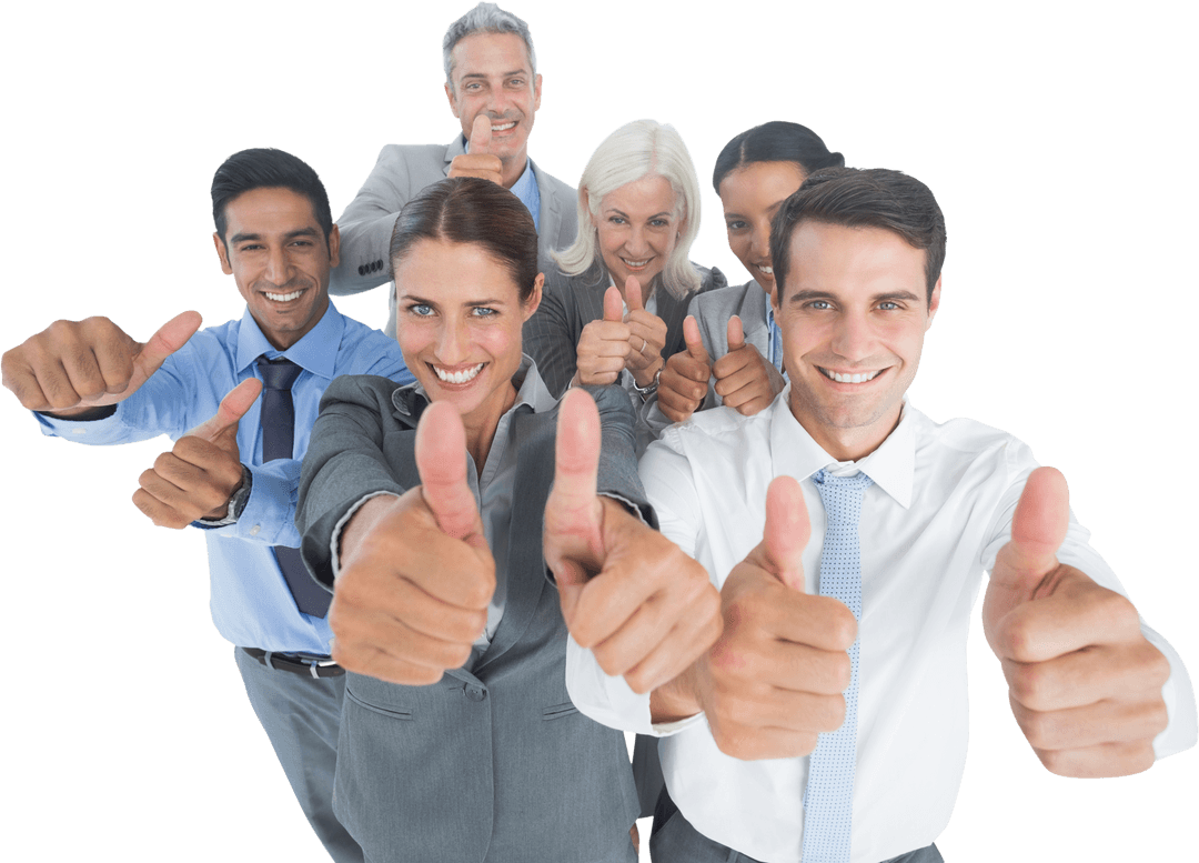 Diverse Business Team Smiling with Thumbs Up on Transparent Background