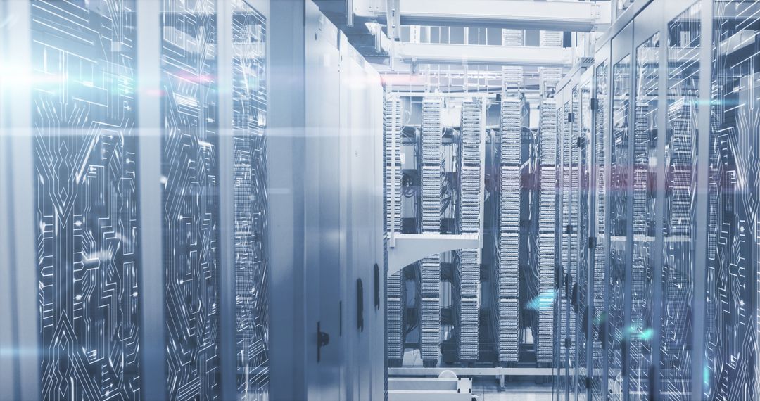 Server Room with Light Trails Representing Digital Data Flow