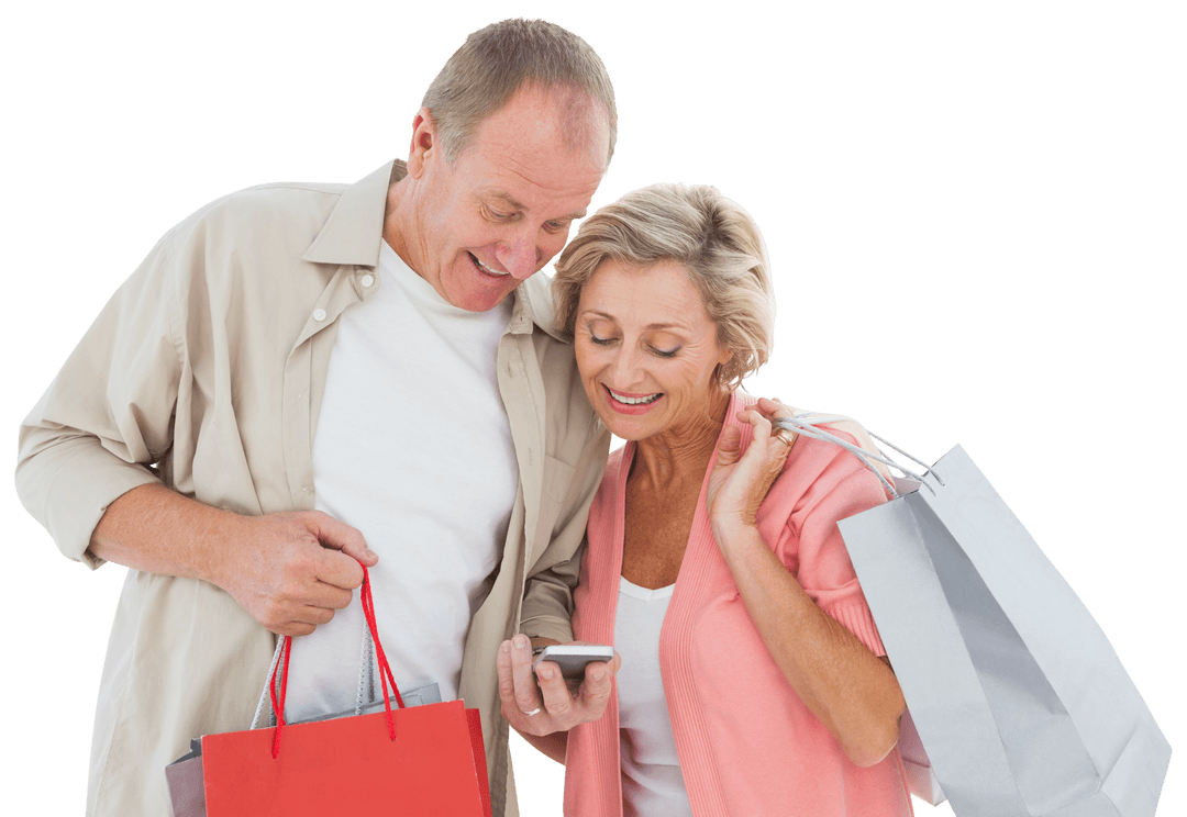 Senior Couple Using Smartphone While Shopping on Transparent Background