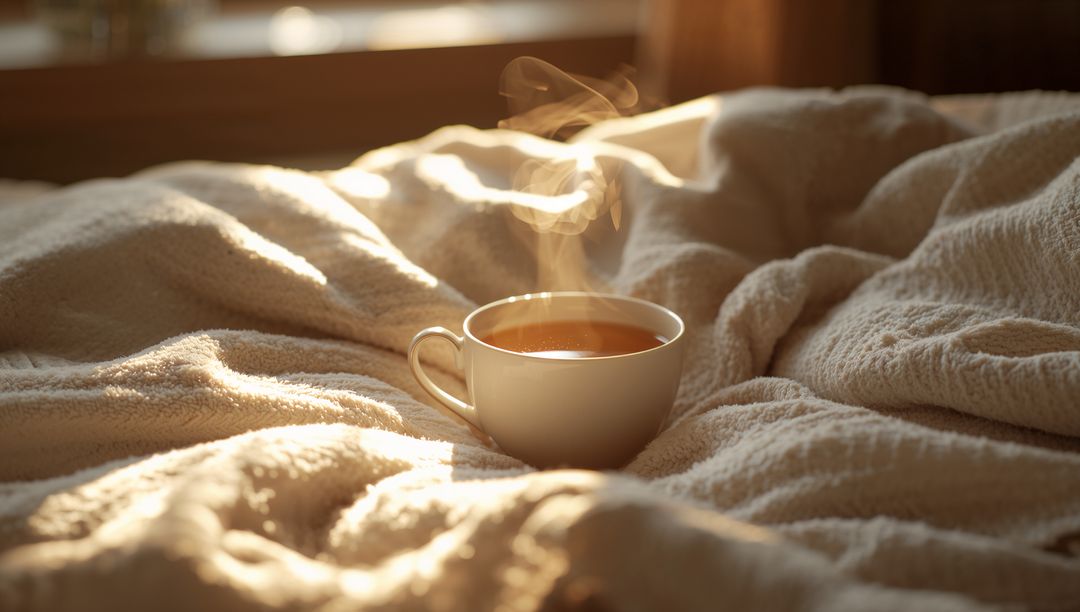 Steaming white ceramic mug resting on plush beige blanket in golden morning sunlight