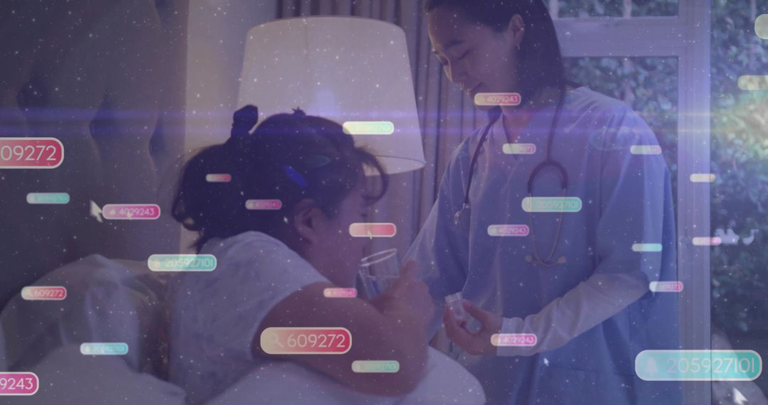 Medical Professional Caring for Woman at Home with Data Technology Layer