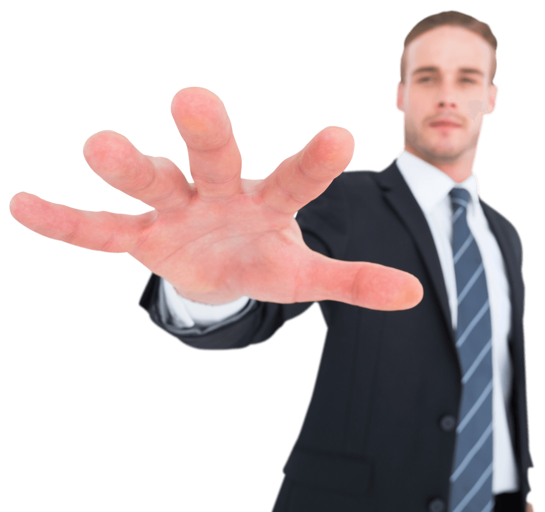 Businessman in Suit Gesturing Transparently with Purpose