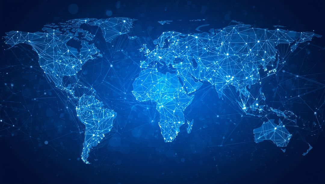 Digital Global Network Map with Illuminated Data Nodes
