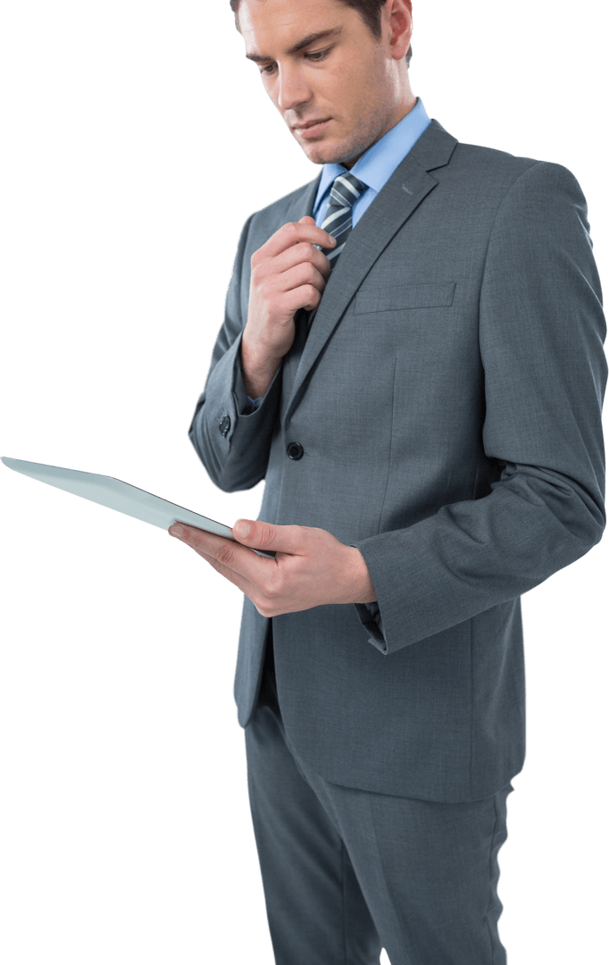 Transparent Businessman Holding Tablet with Professional Focus