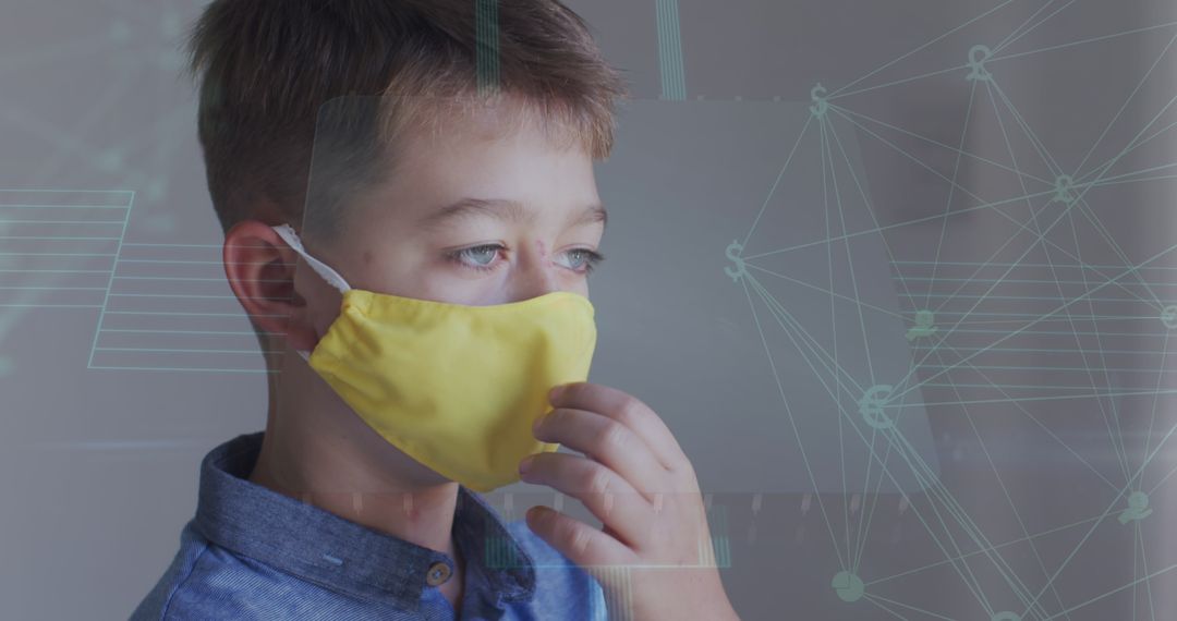 Caucasian Boy Removing Mask Amid Network Connections Concept