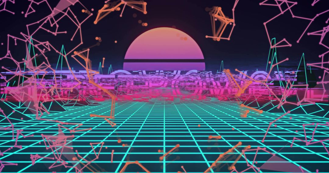 Synthwave Neon Sunset with Futuristic Grid and Network Nodes