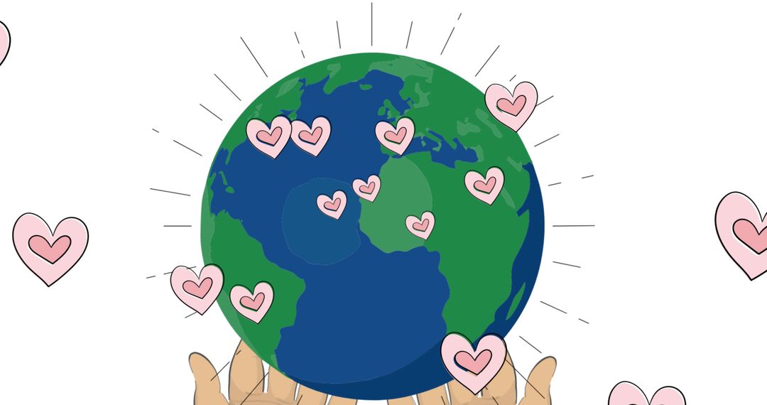Hands Holding Planet Earth with Floating Hearts