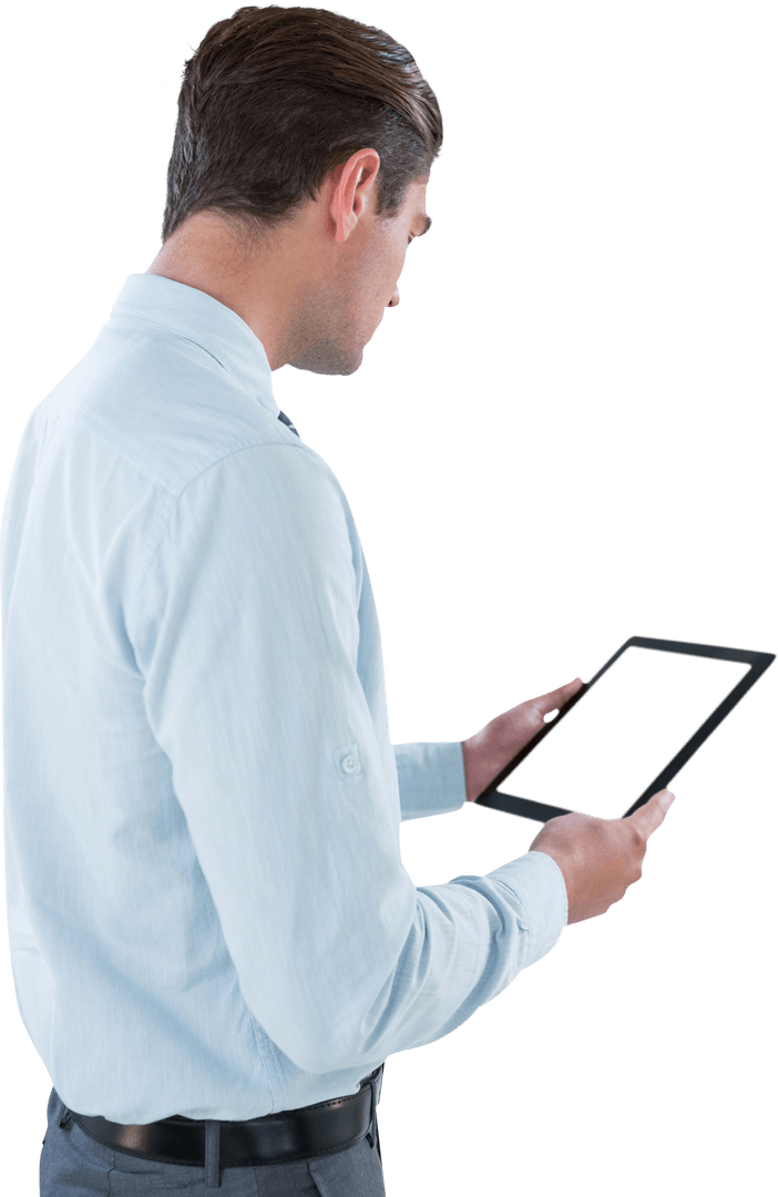 Transparent Businessman Analyzing Information on Tablet Device