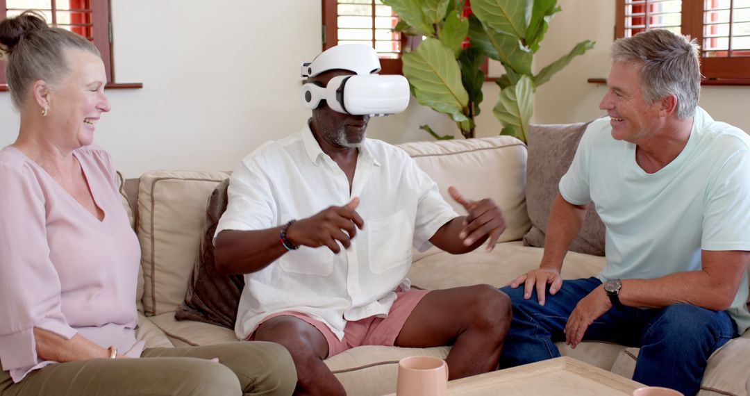 Senior Friends Enjoy Virtual Reality at Home