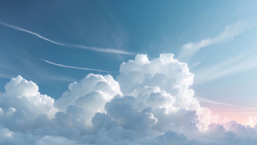 Majestic Cumulus Clouds in Blue Sky with Contrails