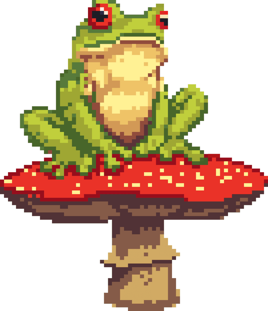 Pixel Art Green Frog on Red Mushroom with Transparent Background