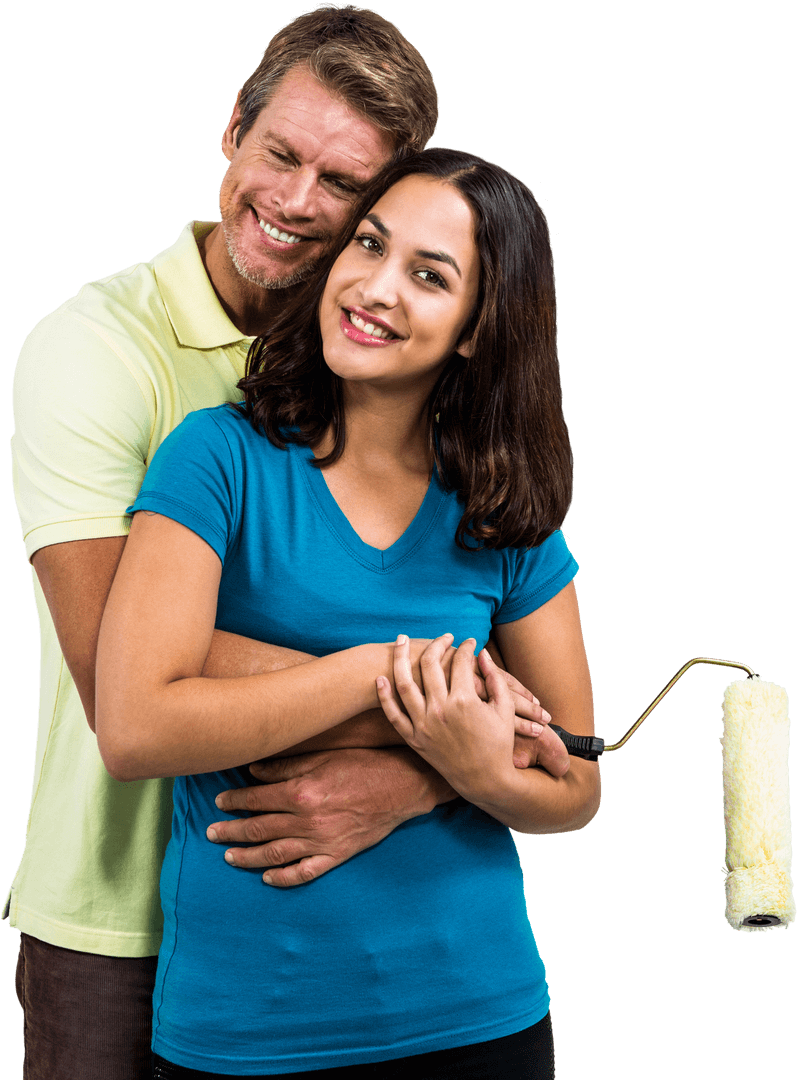 Transparent Couple Embracing with Paint Roller in Hand